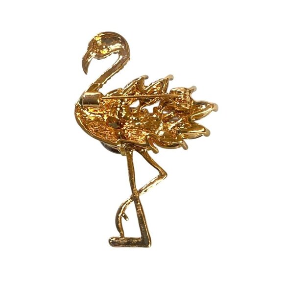 Gold Flamingo Brooch With Pink Red Rhinestone Accents Tail Feathers - Picture 3 of 3